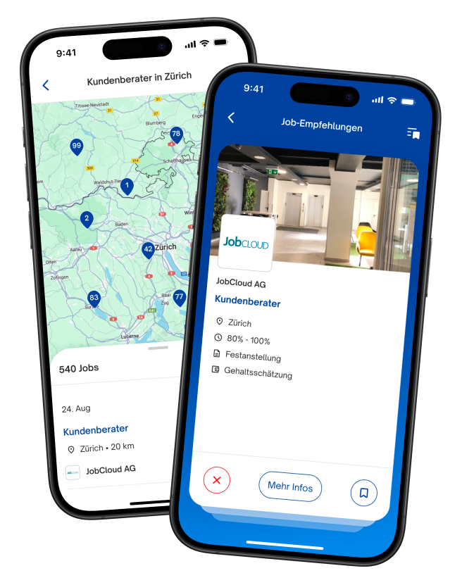Zwei Smartphones, die eine Karte mit Jobs in Zürich und ein Stellenangebot namens "Client Advisor" auf der mobilen App von jobs.ch anzeigen.