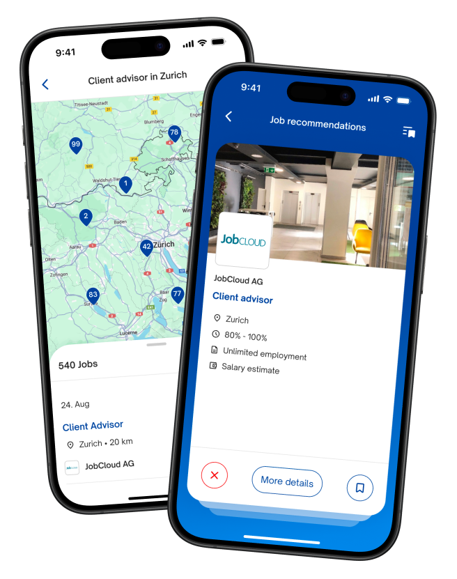 Two smartphones displaying a job map for Zurich and a "Client Advisor" job listing on the jobs.ch mobile app.